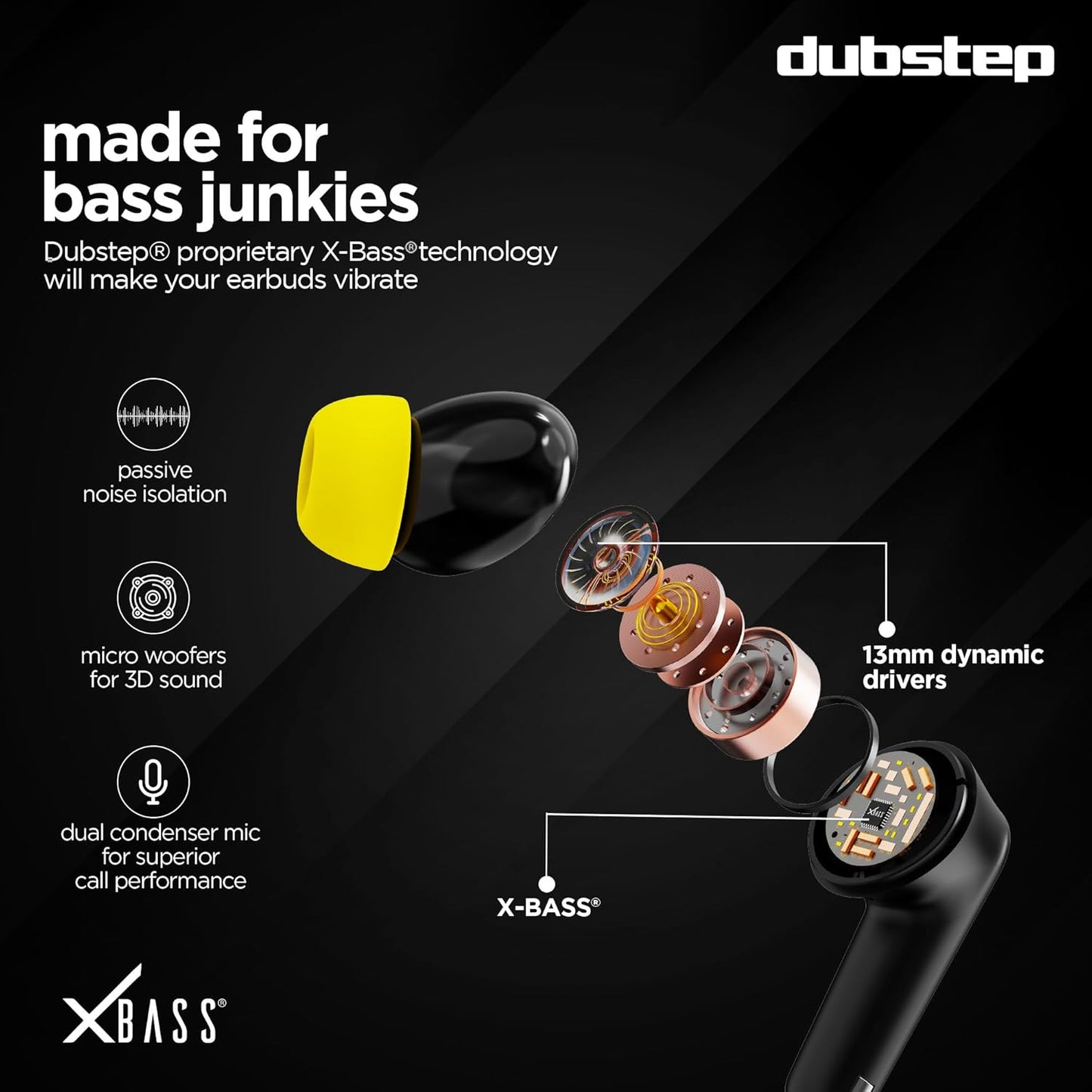 Dubstep Buzz X5 In-Ear Truly Wireless Earbuds With Mic, 50 Hours Playtime, ENC, IPX5, Bluetooth v5.3 (Black & Yellow) 1.0 unit