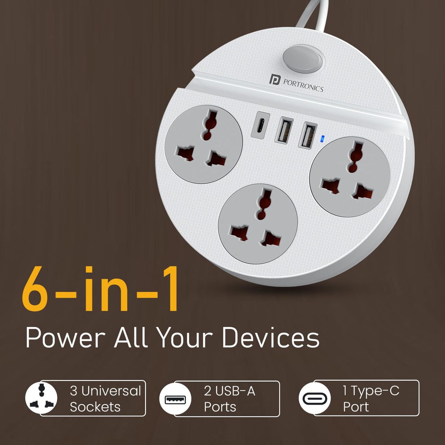 Portronics Power Plate 5 Power Converter With USB Charger - White 1.0 unit