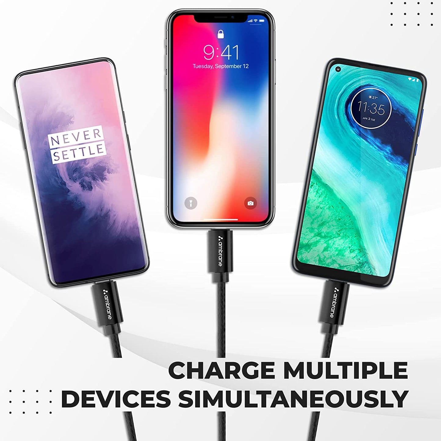 Ambrane 3in1 USB Fast Charging Cable with Type C, Lightning, Micro USB Port with 2.1A (Trio-11, Black) 1.0 unit