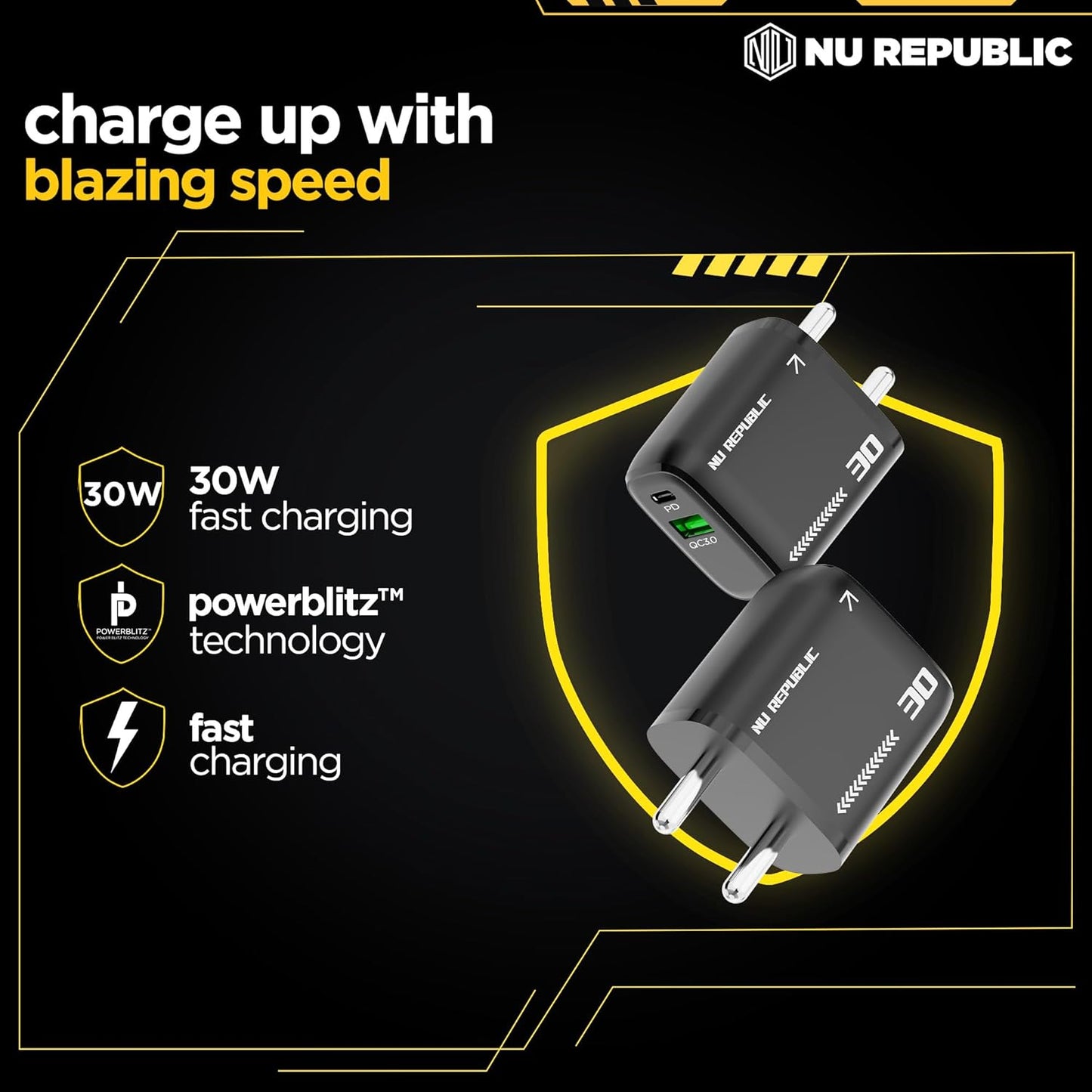 Nu Republic Cybotron 30W GaN Superfast Wall Charger with Type-C To Type-C Cable (Black) 1.0 Piece