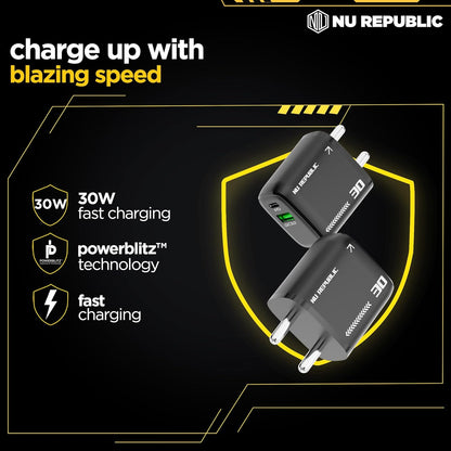 Nu Republic Cybotron 30W GaN Superfast Wall Charger with Type-C To Type-C Cable (Black) 1.0 Piece