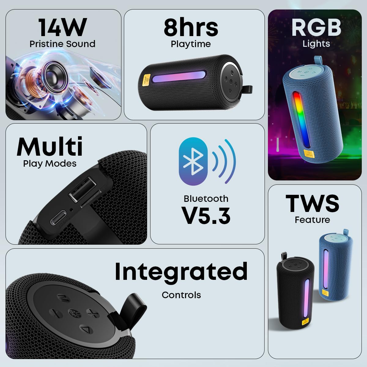 Ptron Fusion Buzz 14W Bluetooth Speaker w/ 8hrs Playback, Rhythmic RGB Lights (Black) 1.0 unit