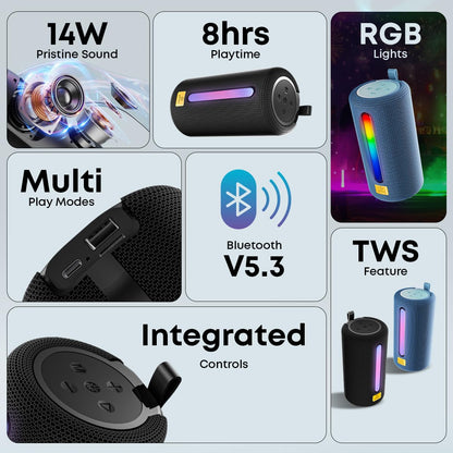 Ptron Fusion Buzz 14W Bluetooth Speaker w/ 8hrs Playback, Rhythmic RGB Lights (Black) 1.0 unit
