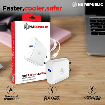 Nu Republic Sprint Ultra 12W Superfast Charger (Adaptor With Cable USB A To Type C) - White 1.0 unit