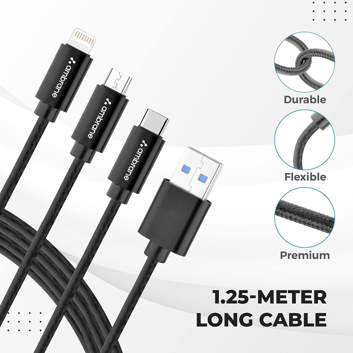 Ambrane 3in1 USB Fast Charging Cable with Type C, Lightning, Micro USB Port with 2.1A (Trio-11, Black) 1.0 unit