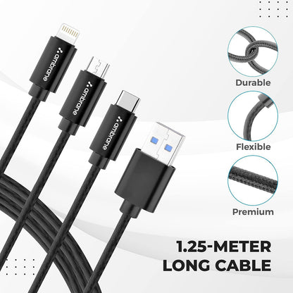 Ambrane 3in1 USB Fast Charging Cable with Type C, Lightning, Micro USB Port with 2.1A (Trio-11, Black) 1.0 unit