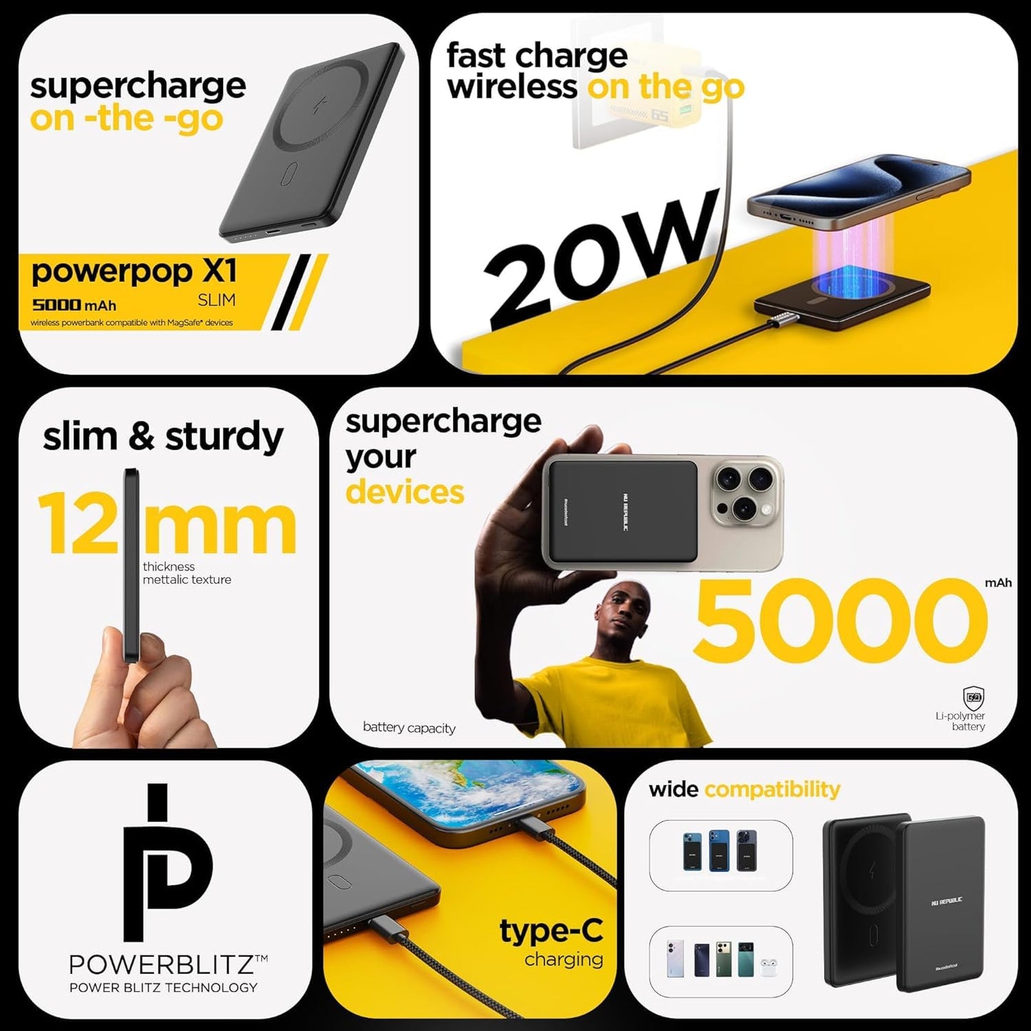 Nu Republic Magsafe Powerpop X1 Wireless Slim Power Bank Compatible with Fast Charging, 5000 mAh (Black) 1.0 Piece