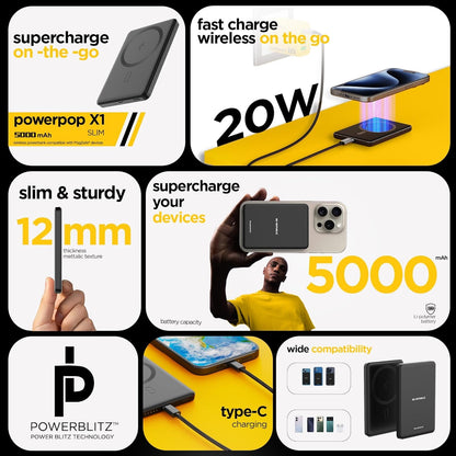 Nu Republic Magsafe Powerpop X1 Wireless Slim Power Bank Compatible with Fast Charging, 5000 mAh (Black) 1.0 Piece