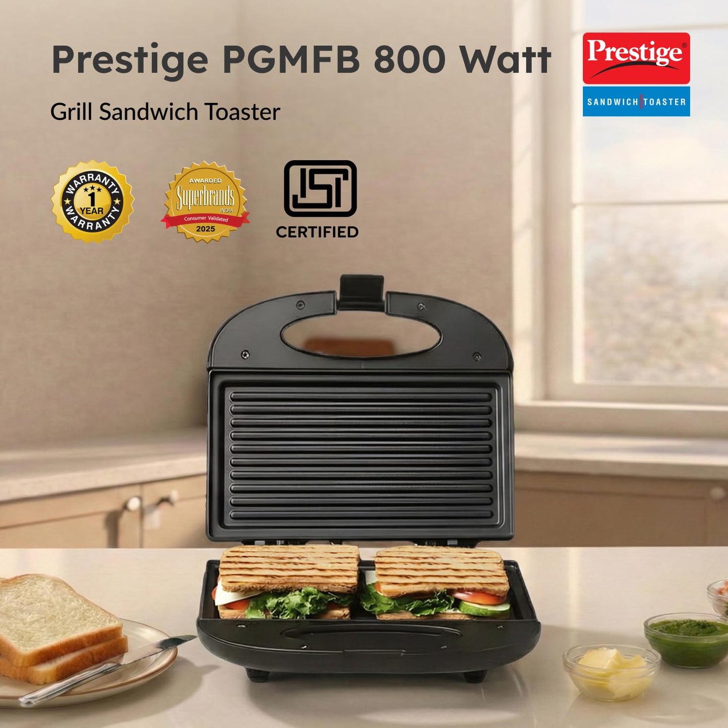 Prestige PGMFB 800 Watt Grill Sandwich Toaster with Fixed Grill Plates, Black