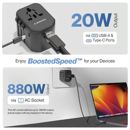 Ambrane Universal Travel Adapter,4 in 1 Fast Charging; 1 Type C (20W),2 USB (20W) & 1 AC Socket (880W) (ATA-01) 1.0 unit