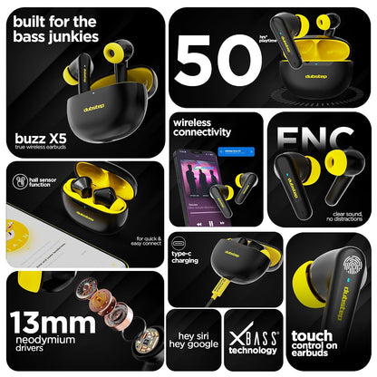 Dubstep Buzz X5 In-Ear Truly Wireless Earbuds With Mic, 50 Hours Playtime, ENC, IPX5, Bluetooth v5.3 (Black & Yellow) 1.0 unit