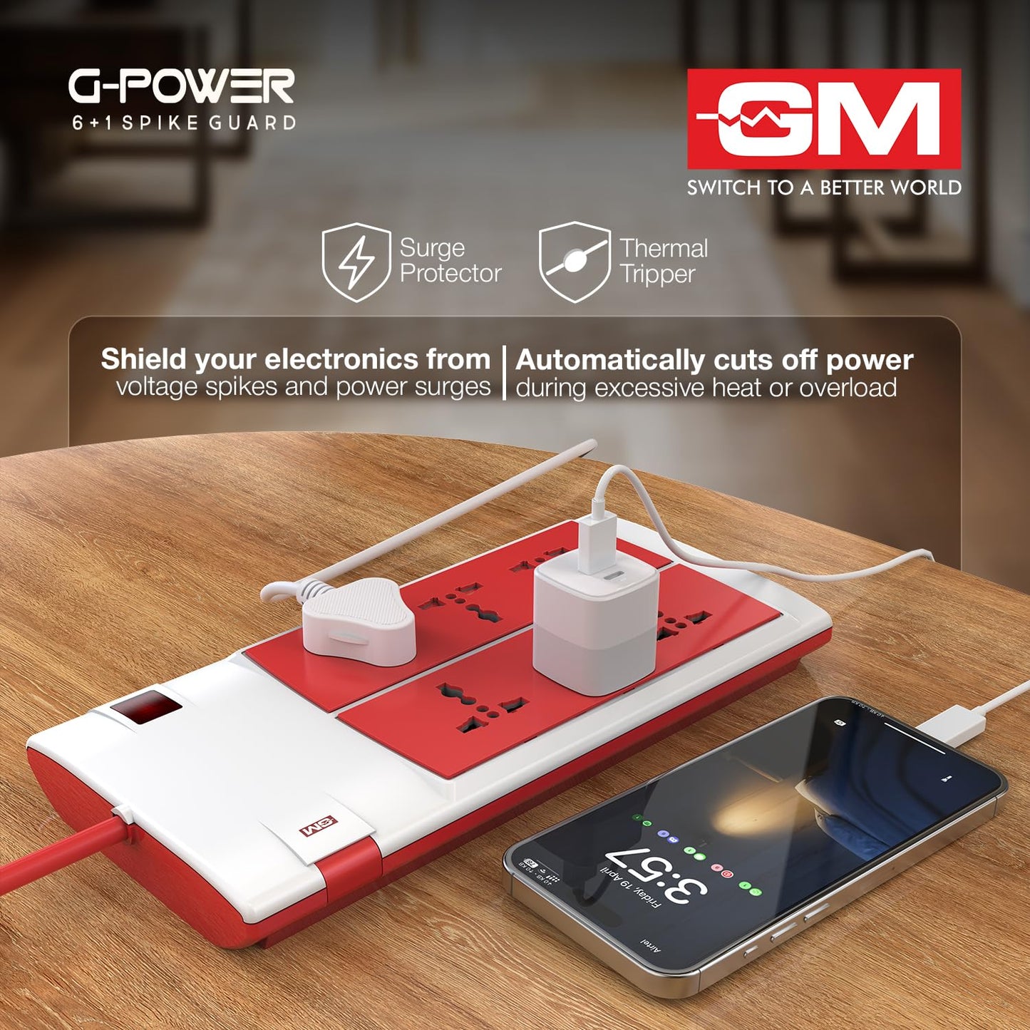 GM 3059 G-Power 6+1 Spike Guard Extension Board, Safety Shutter, 2 Mtr Wire - White 1.0 Piece