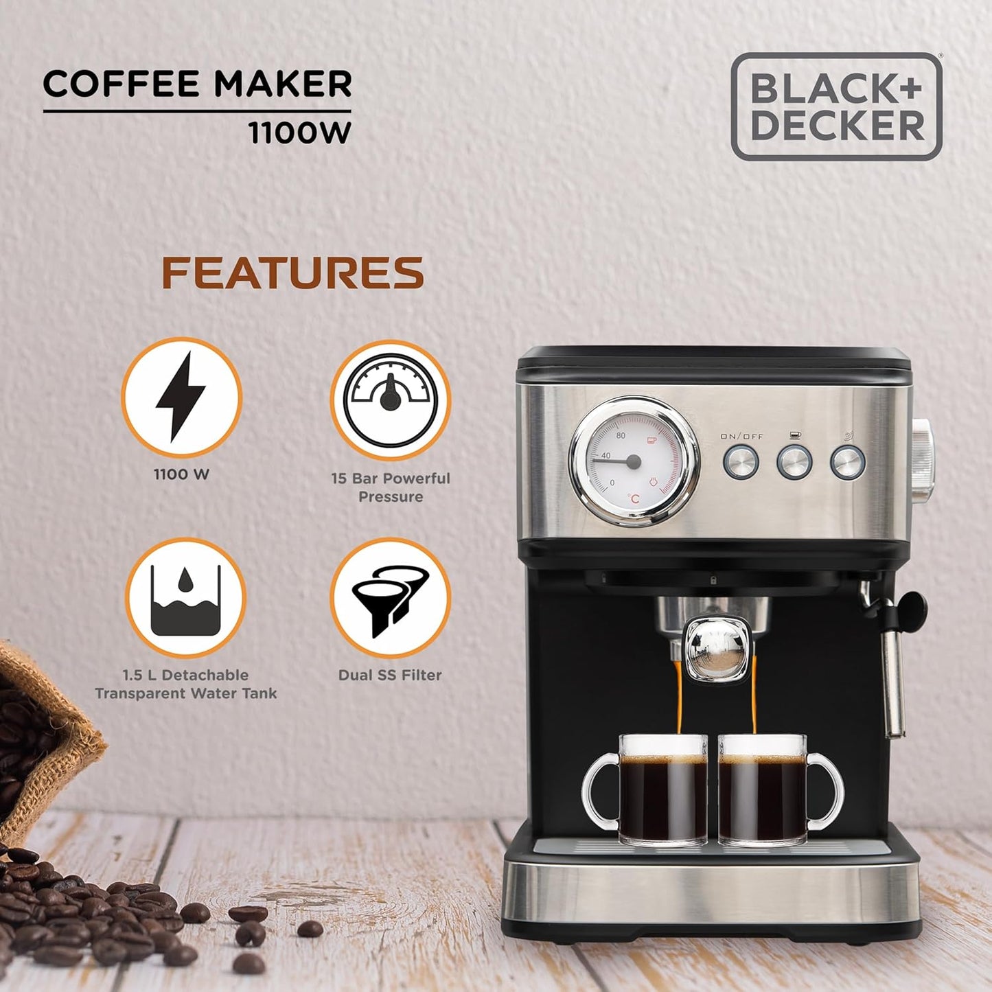 Black+Decker BXCM1001IN 15 BAR ESP COFFEE MAKER 1.0 Piece