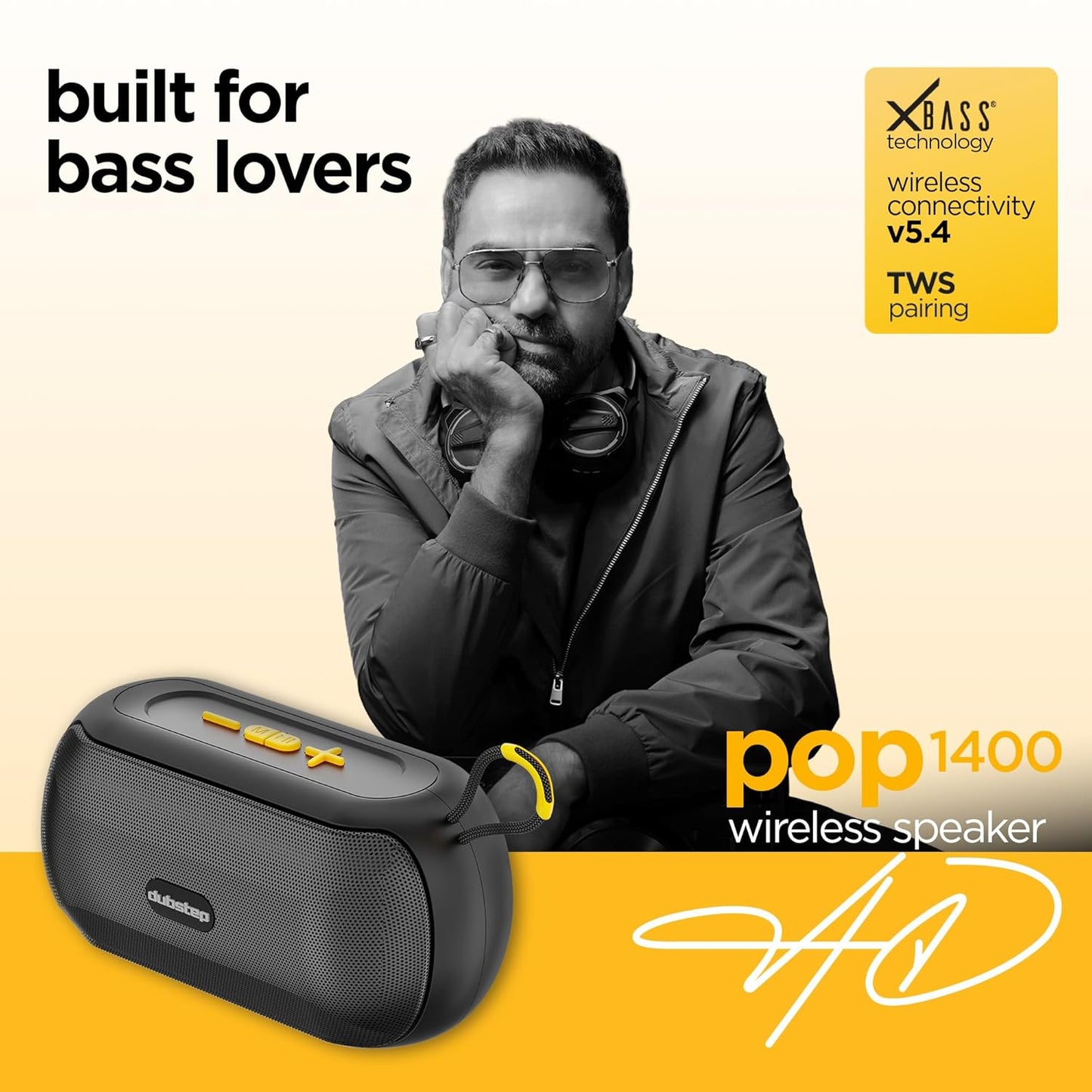 Dubstep Pop 1400 (14W, 16 Hrs Playtime), Wireless Bluetooth Speaker with Mic v5.4, TWS Function (Black) 1.0 Piece