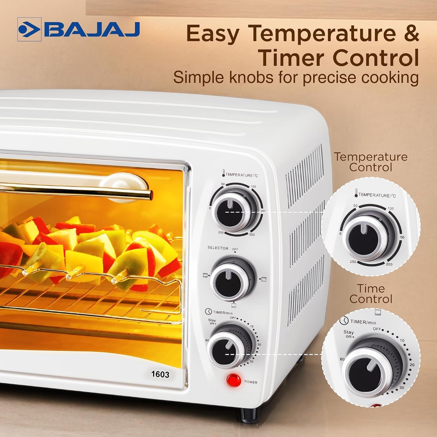 Bajaj 1603 16 ltr Oven Toaster Griller | 1200 W | Oven for Kitchen with Transparent Glass Door | White 1.0 unit