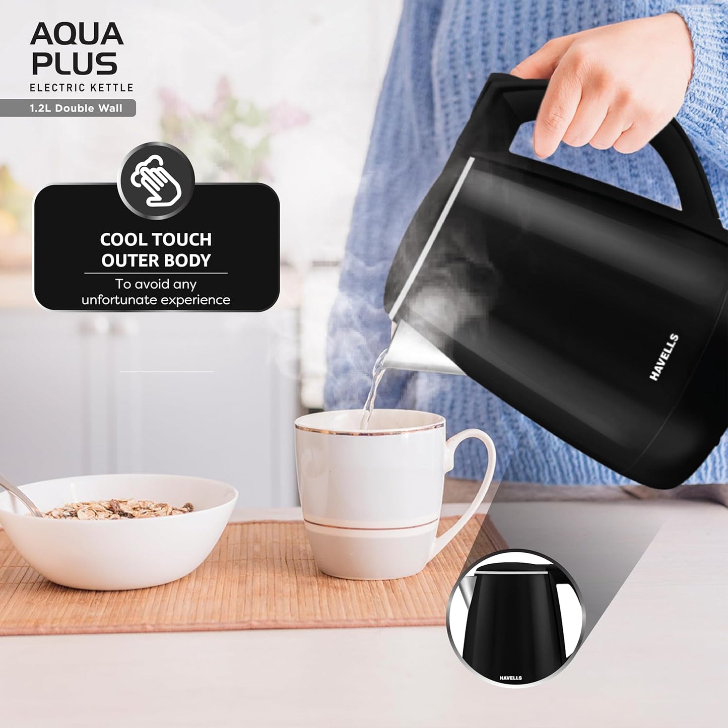 Havells Aqua Plus Electric Kettle,1.2L, Stainless Steel, 1250W (Black) 1.0 unit