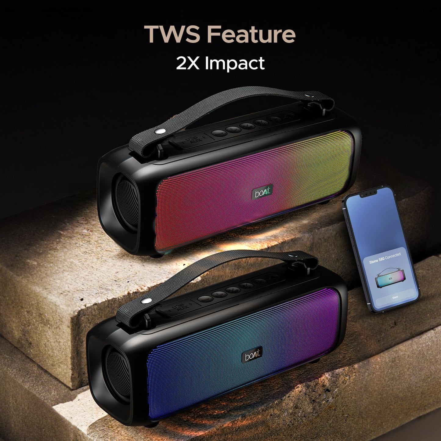 boAt Stone 580 Bluetooth Speaker with 12W RMS Stereo Sound, LED Lights, Up to 8 HRS Playtime (Midnight Black) 1.0 pack