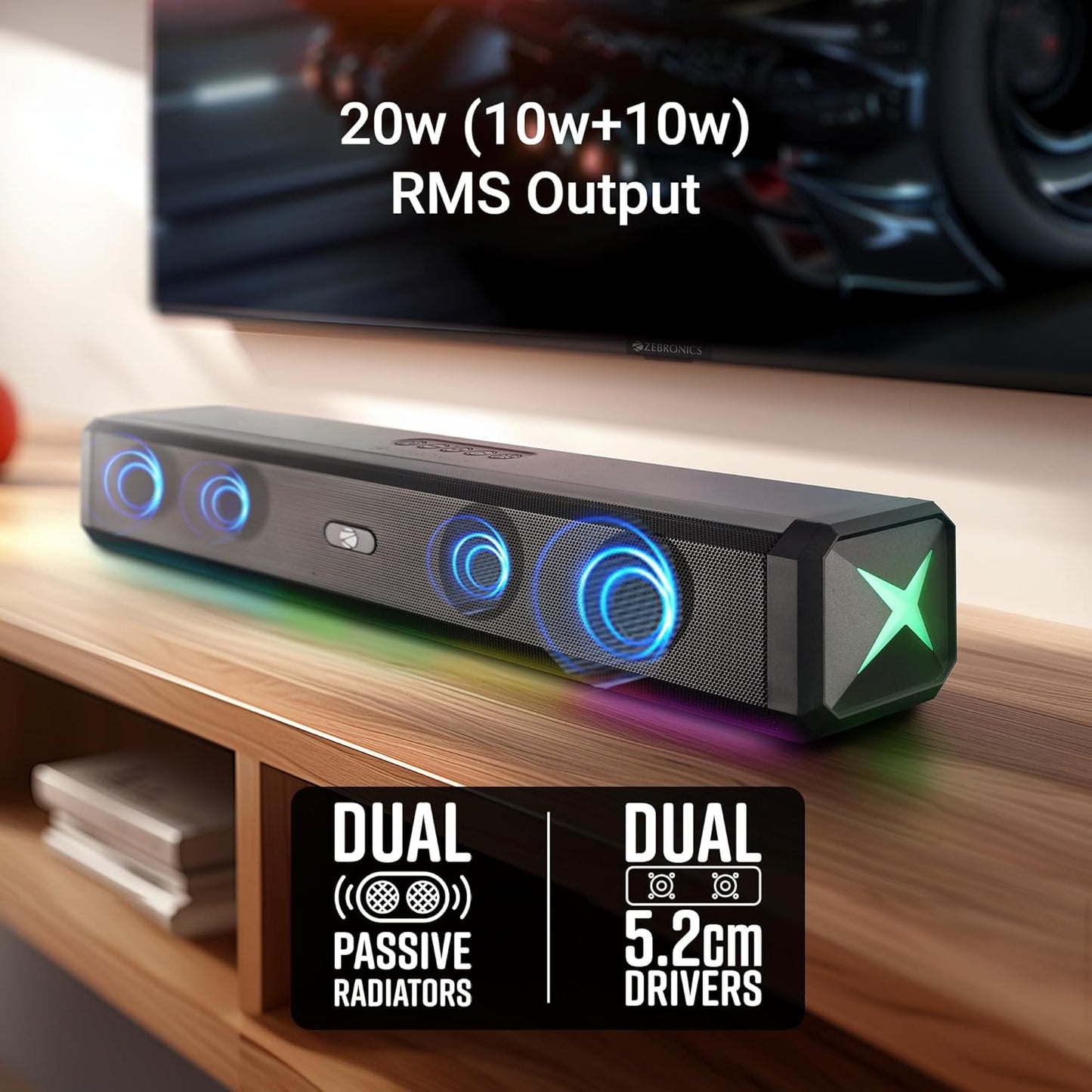 Zebronics Vita Bar 150 Mini Soundbar, 20W, Upto 8h*, TWS, RGB (Black) 1.0 Piece