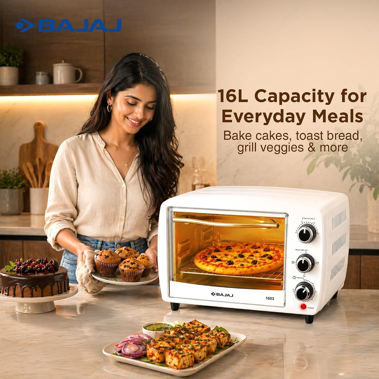 Bajaj 1603 16 ltr Oven Toaster Griller | 1200 W | Oven for Kitchen with Transparent Glass Door | White 1.0 unit