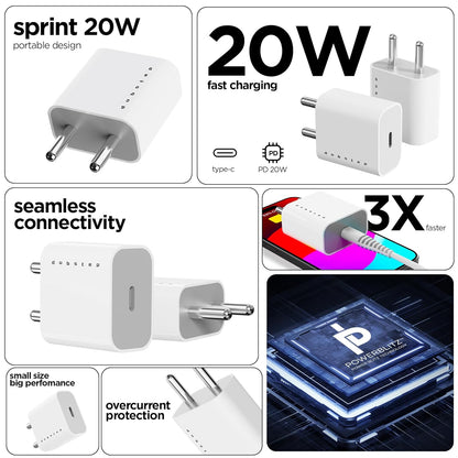 Dubstep Sprint 20W USB-C Charger with PD PPS 3.0 Supports All Fast Charging Technologies (With Type-C To L Cable, White) 1.0 unit