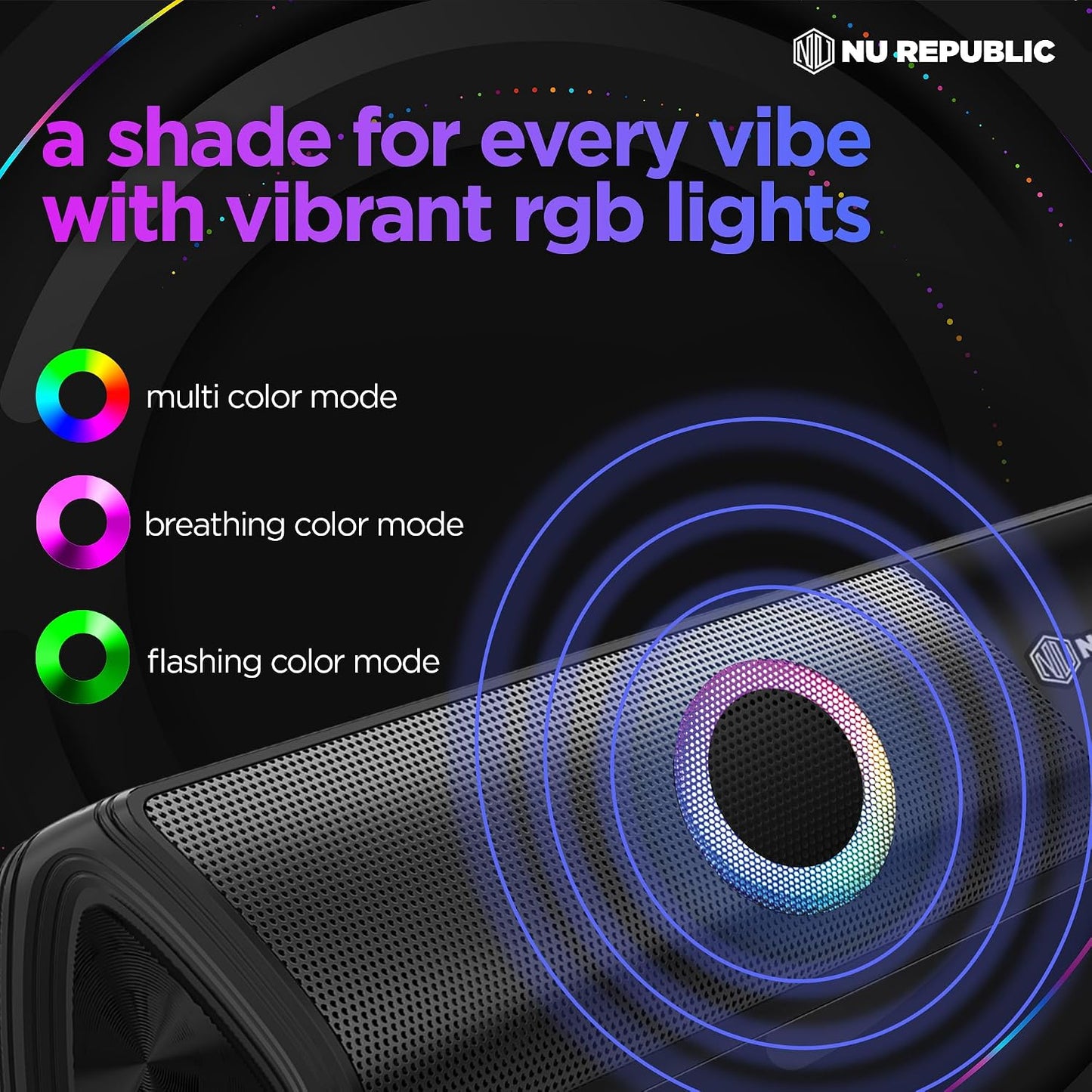 Nu Republic Party Box 20 (20W, 16 Hrs Playtime), Wireless Bluetooth Speaker with Mic v5.3, RGB Light (Black) 1.0 unit