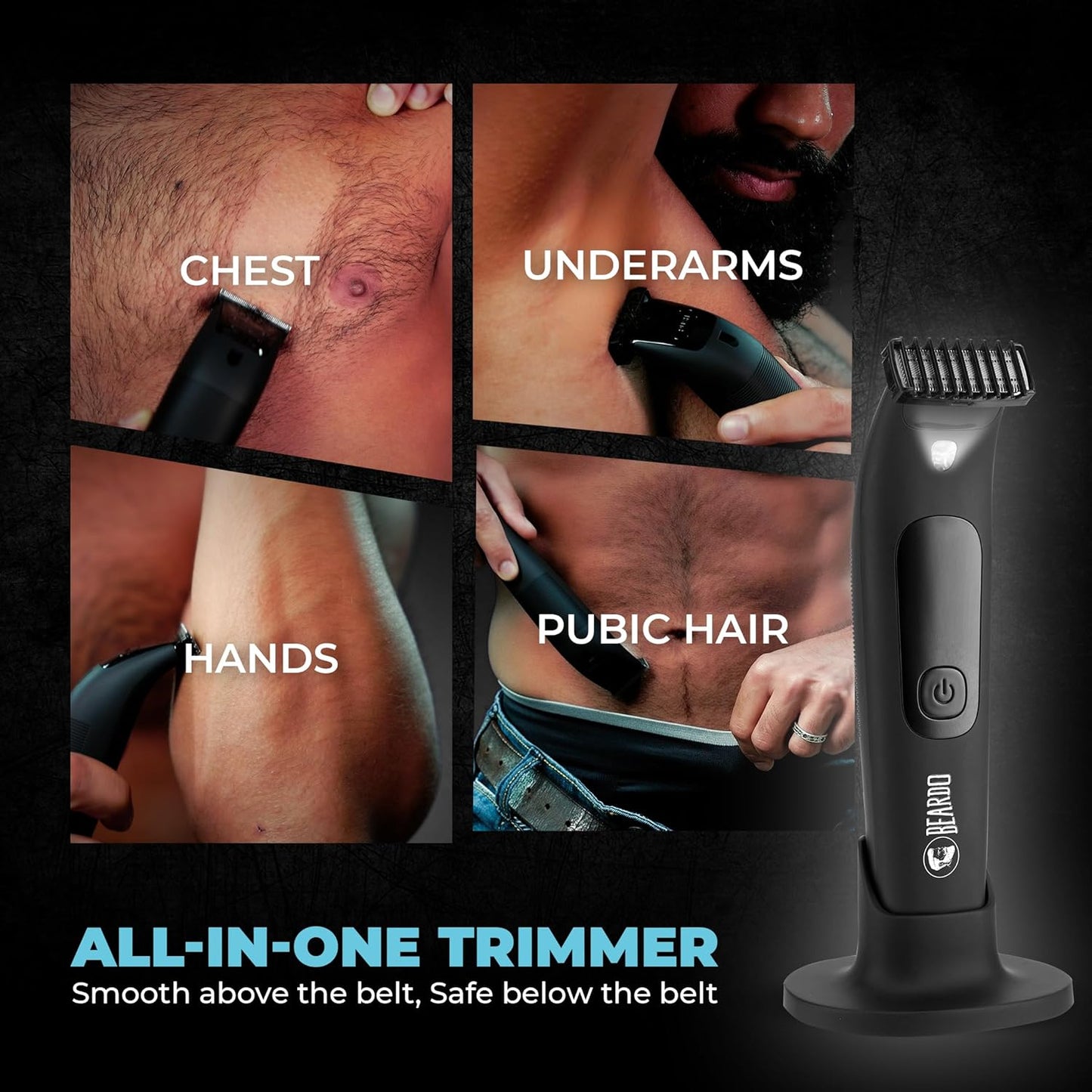 BEARDO Ball Safe Trimmer For Men|Fast Charging Trimmer For Intimate Parts, Beard, Body|Body Grooming Kit - No Nicks Or Cuts, Powerful Motor, Type C, Fast Charging, 110-Min Runtime,Black