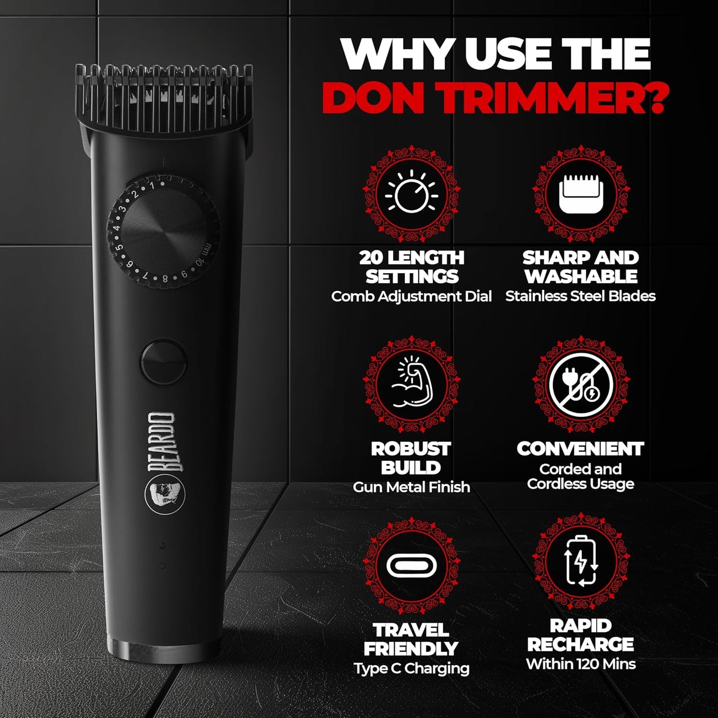 Beardo Don Trimmer For Men | 150 Min Run Time | Cordless | Stainless Steel Blades | Li+ Battery 1.0 unit