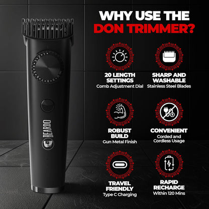Beardo Don Trimmer For Men | 150 Min Run Time | Cordless | Stainless Steel Blades | Li+ Battery 1.0 unit