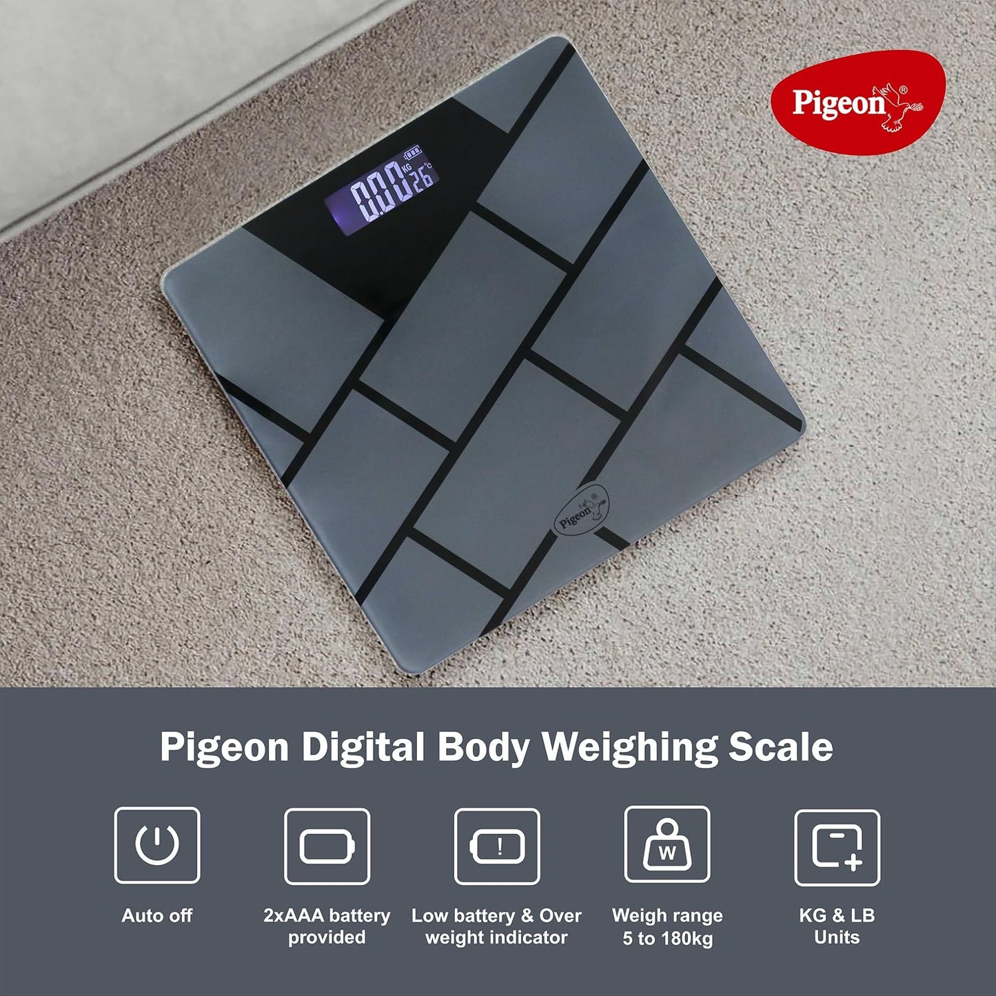 Pigeon Iris Weighing Machine for Body Weight Machine| Digital Bathroom Scale for Weight Measurement| Weighing Scale with LCD Display| 36 Months Warranty, Black, 180 Kg 1.0 Piece