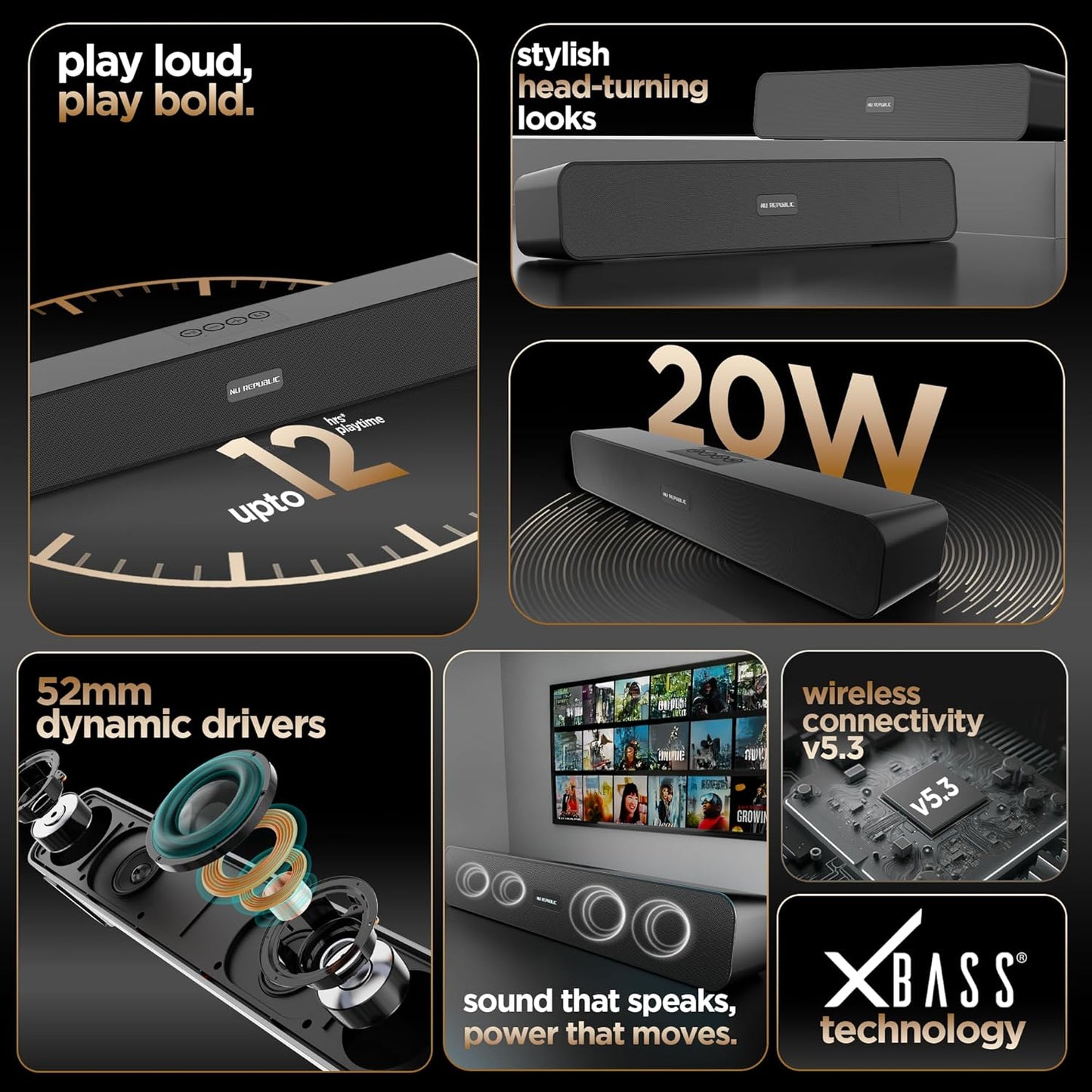 Nu Republic Soundbar 20 (20W, 12 Hrs Playtime), Wireless Bluetooth Soundbar with Mic v5.3 (Black) 1.0 unit