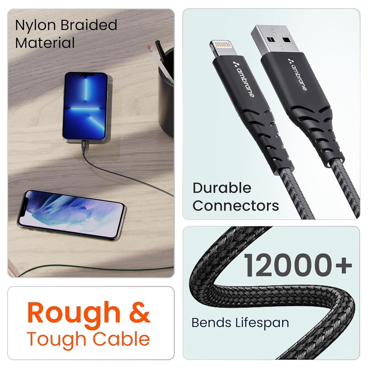 Ambrane USB To Lightning 3A 1.5M Fast Charging Braided Lightning Cable (RCL-15, Black)