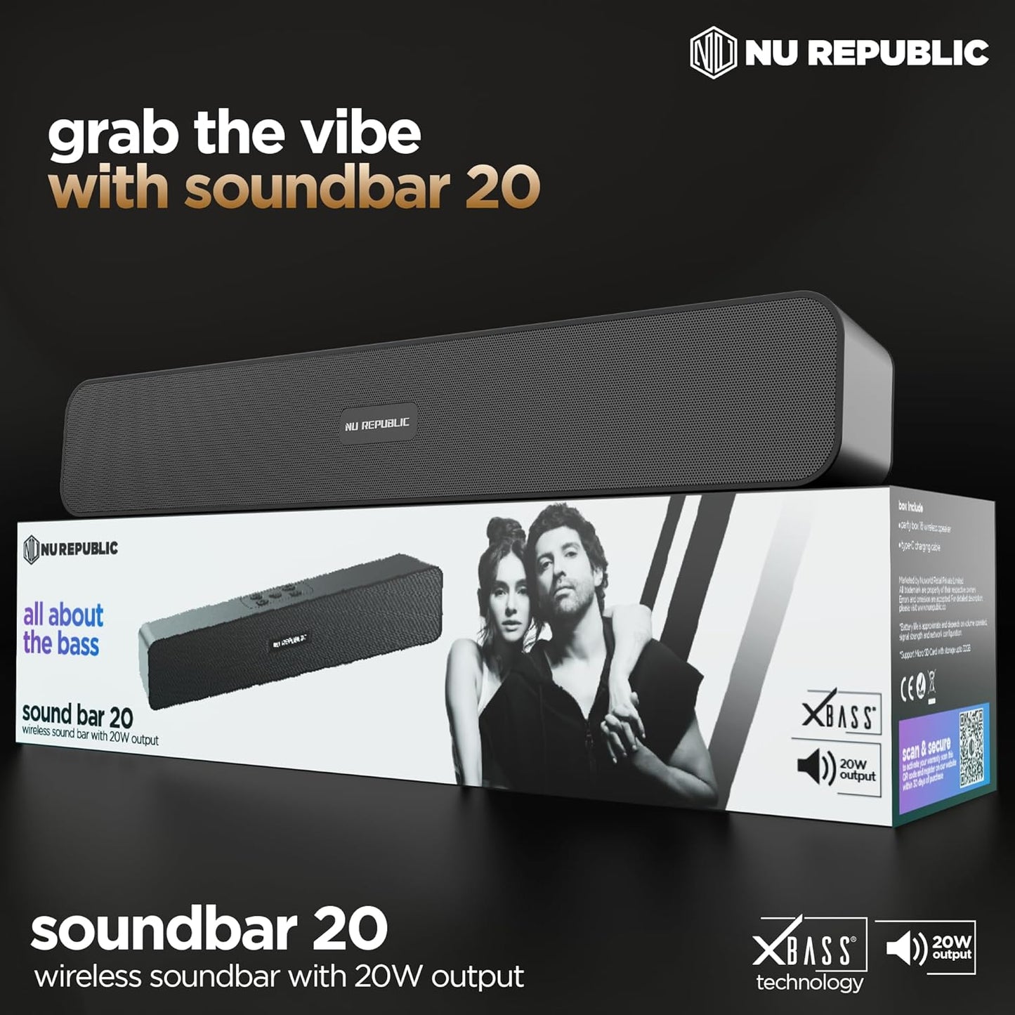 Nu Republic Soundbar 20 (20W, 12 Hrs Playtime), Wireless Bluetooth Soundbar with Mic v5.3 (Black) 1.0 unit