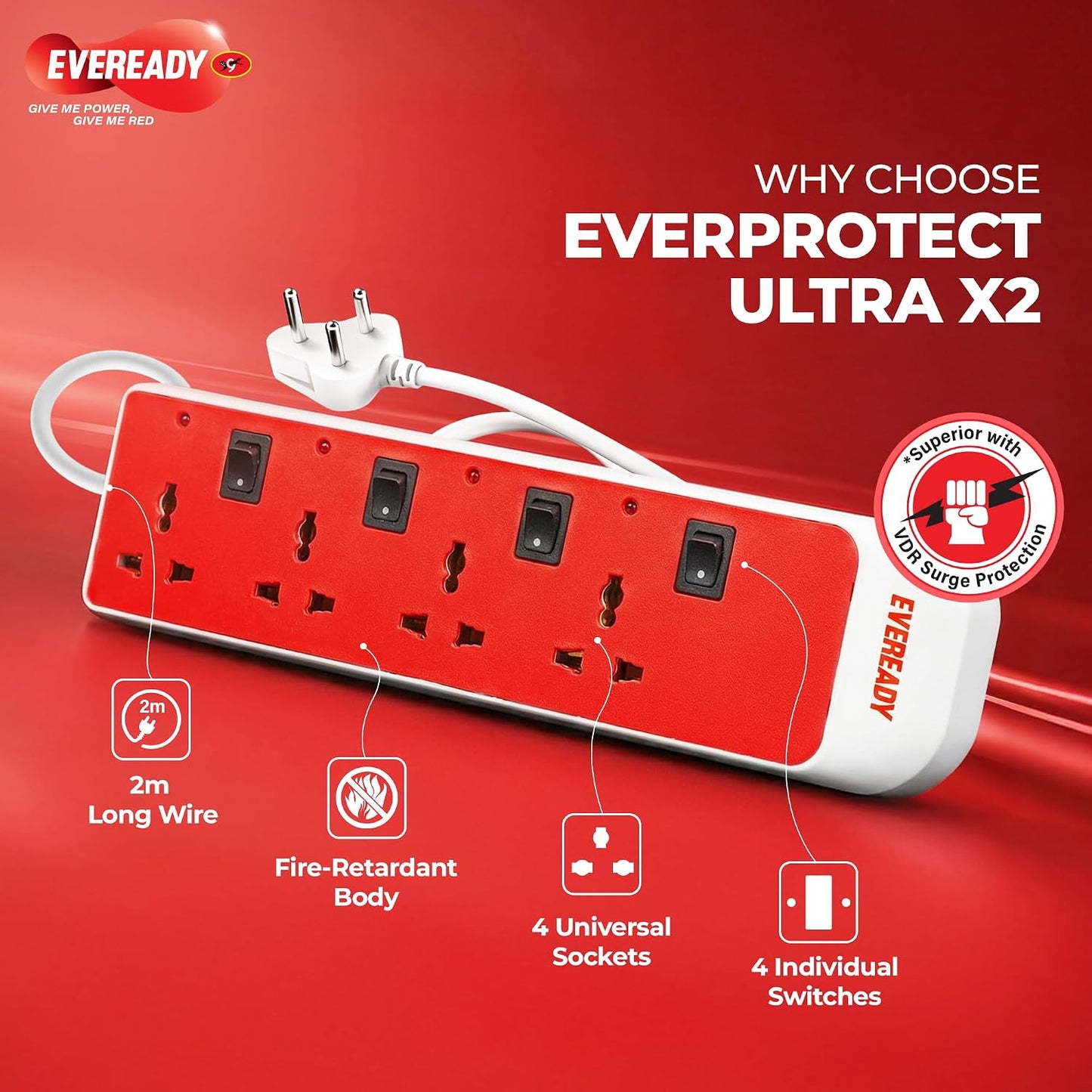Eveready Spike Guard Multiple Sockets, Surge Protection for Reliable Performance, 3 Sockets, 4m(White and Red) 1.0 unit