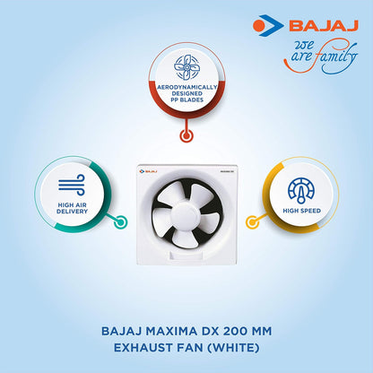 Bajaj Maxima DX Exhaust Fan, 5 Blades, Button Control, Corded Electric, 28 Watts, Plastic (White) 1.0 unit