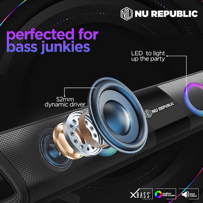 Nu Republic Party Box 20 (20W, 16 Hrs Playtime), Wireless Bluetooth Speaker with Mic v5.3, RGB Light (Black) 1.0 unit