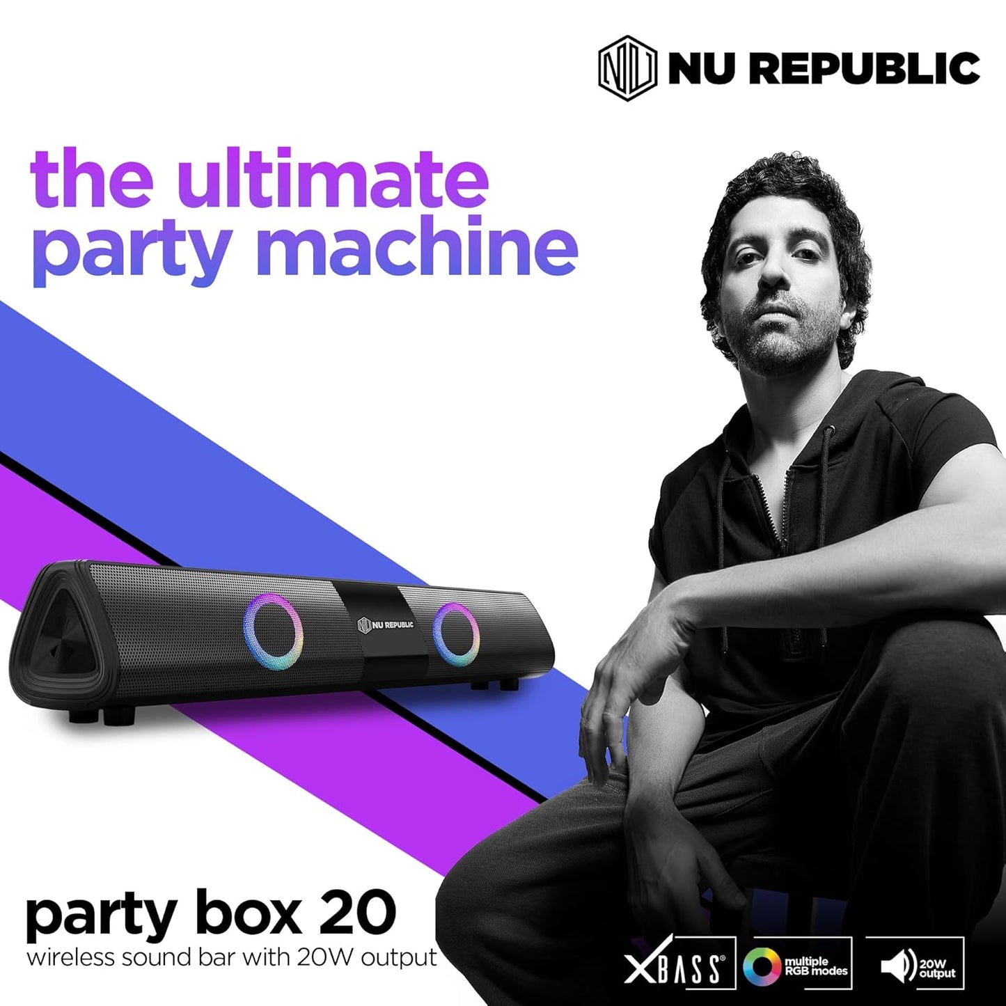 Nu Republic Party Box 20 (20W, 16 Hrs Playtime), Wireless Bluetooth Speaker with Mic v5.3, RGB Light (Black) 1.0 unit