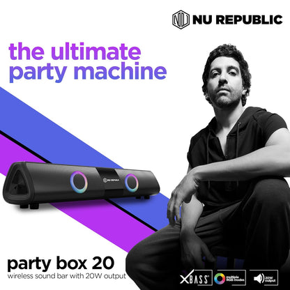 Nu Republic Party Box 20 (20W, 16 Hrs Playtime), Wireless Bluetooth Speaker with Mic v5.3, RGB Light (Black) 1.0 unit