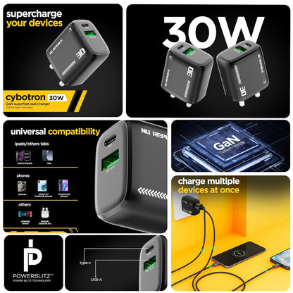 Nu Republic Cybotron 30W GaN Superfast Wall Charger with Type-C To Type-C Cable (Black) 1.0 Piece