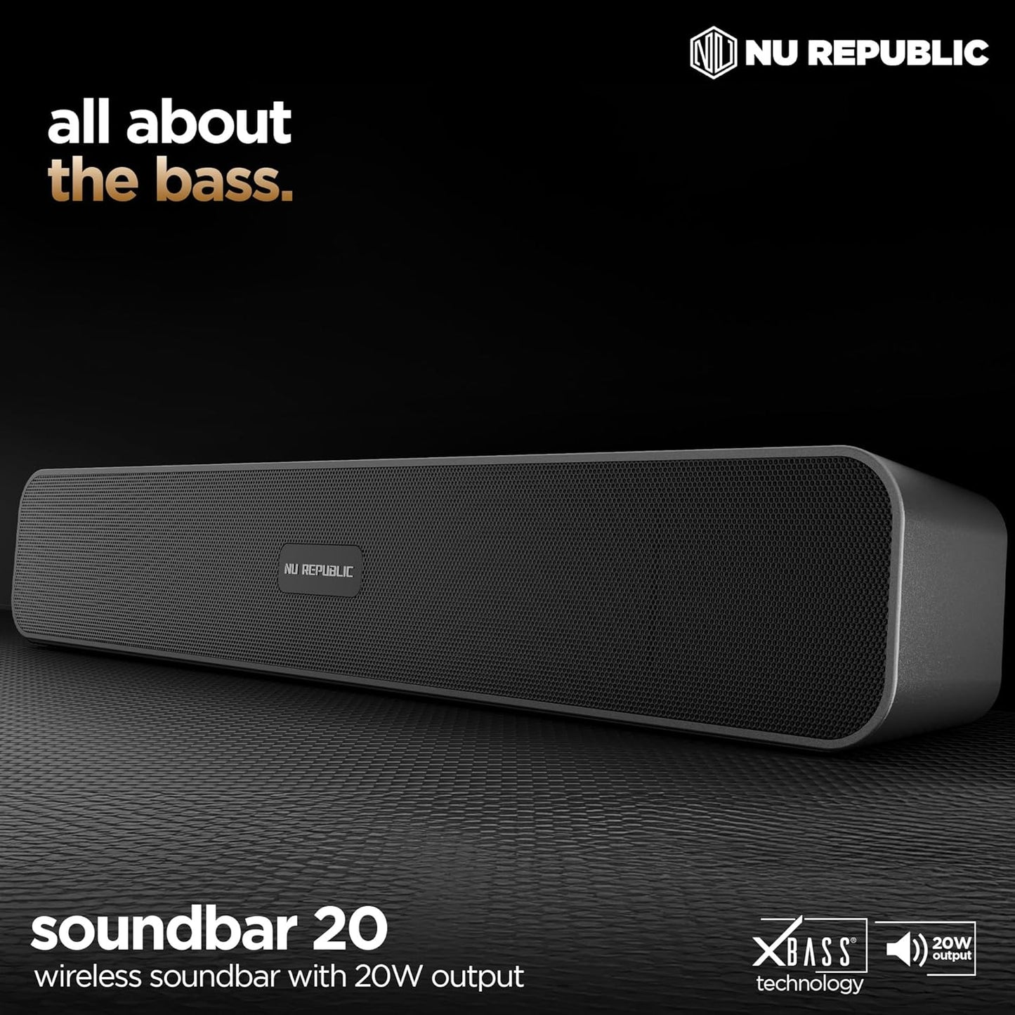 Nu Republic Soundbar 20 (20W, 12 Hrs Playtime), Wireless Bluetooth Soundbar with Mic v5.3 (Black) 1.0 unit
