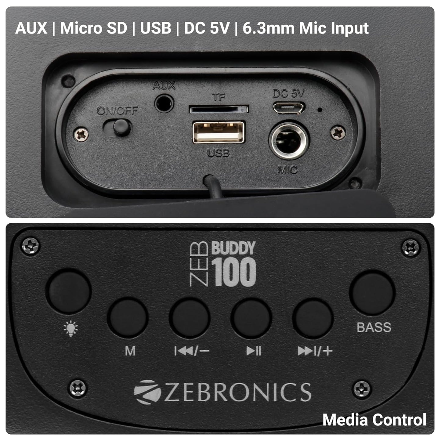 ZEBRONICS Zeb-Buddy 100 Portable BT v5.0 Speaker with TWS, 20W RMS, Wired mic Karaoke, 5H Backup, RGB LED, AUX, USB, Micro SD, Built in Rechargeable Battery and Mobile Holder, Black
