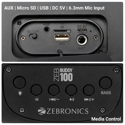 ZEBRONICS Zeb-Buddy 100 Portable BT v5.0 Speaker with TWS, 20W RMS, Wired mic Karaoke, 5H Backup, RGB LED, AUX, USB, Micro SD, Built in Rechargeable Battery and Mobile Holder, Black