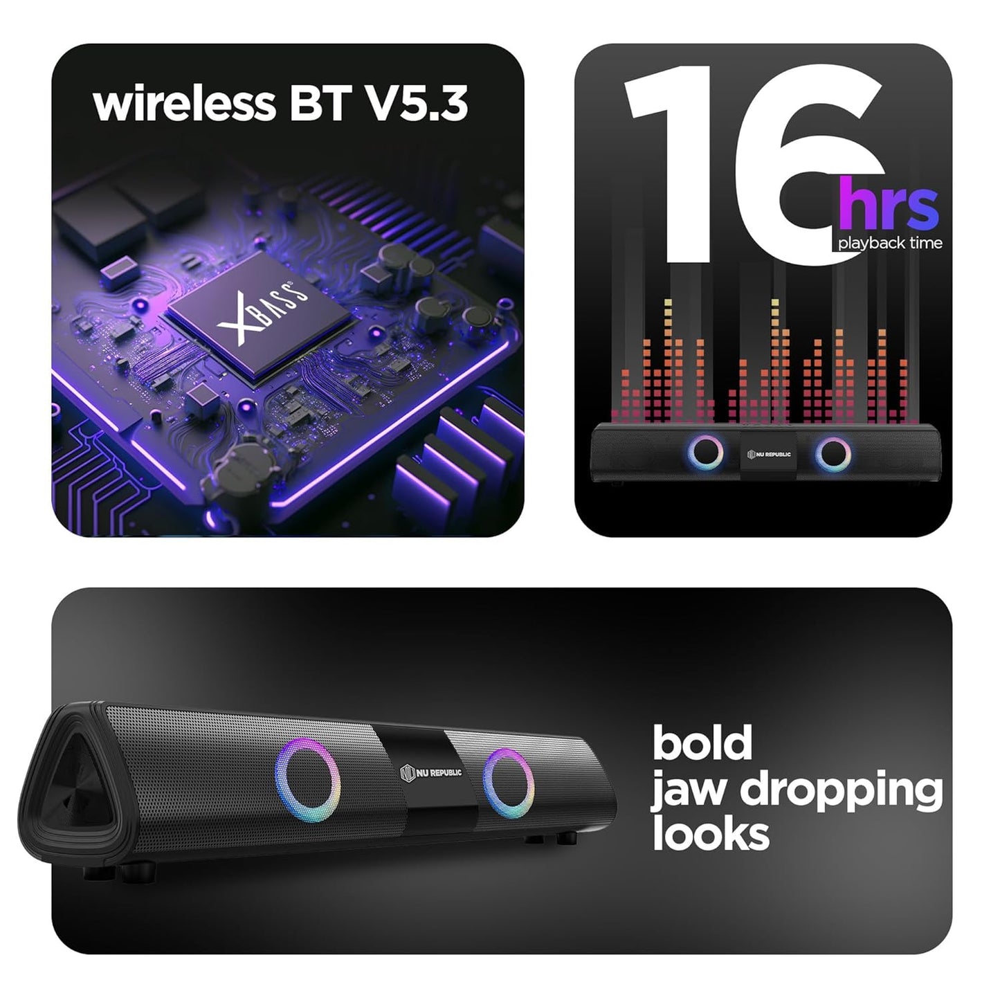 Nu Republic Party Box 20 (20W, 16 Hrs Playtime), Wireless Bluetooth Speaker with Mic v5.3, RGB Light (Black) 1.0 unit