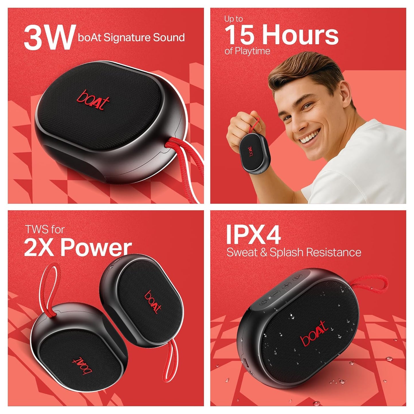 boAt Stone 110 Bluetooth Speaker with 3W Signature Sound, Up to 15Hrs Playback, Built-In Mic, TWS Feature, Bluetooth v5.4, AUX Port, Voice Assistant & IPX4 Water Resistance(Raging Black) 1.0 Piece
