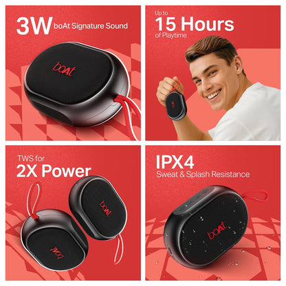boAt Stone 110 Bluetooth Speaker with 3W Signature Sound, Up to 15Hrs Playback, Built-In Mic, TWS Feature, Bluetooth v5.4, AUX Port, Voice Assistant & IPX4 Water Resistance(Raging Black) 1.0 Piece