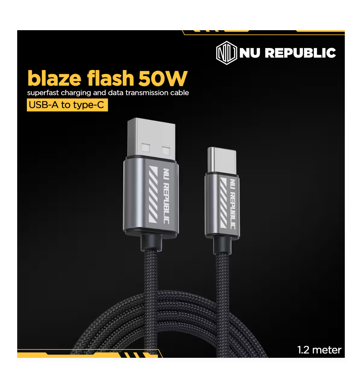 Nu Republic Blaze Flash 3.5 A Fast Charging 1.25 m USB to Type C Charging Cable, 50 Watts 480 Mbps (Grey) 1.0 unit