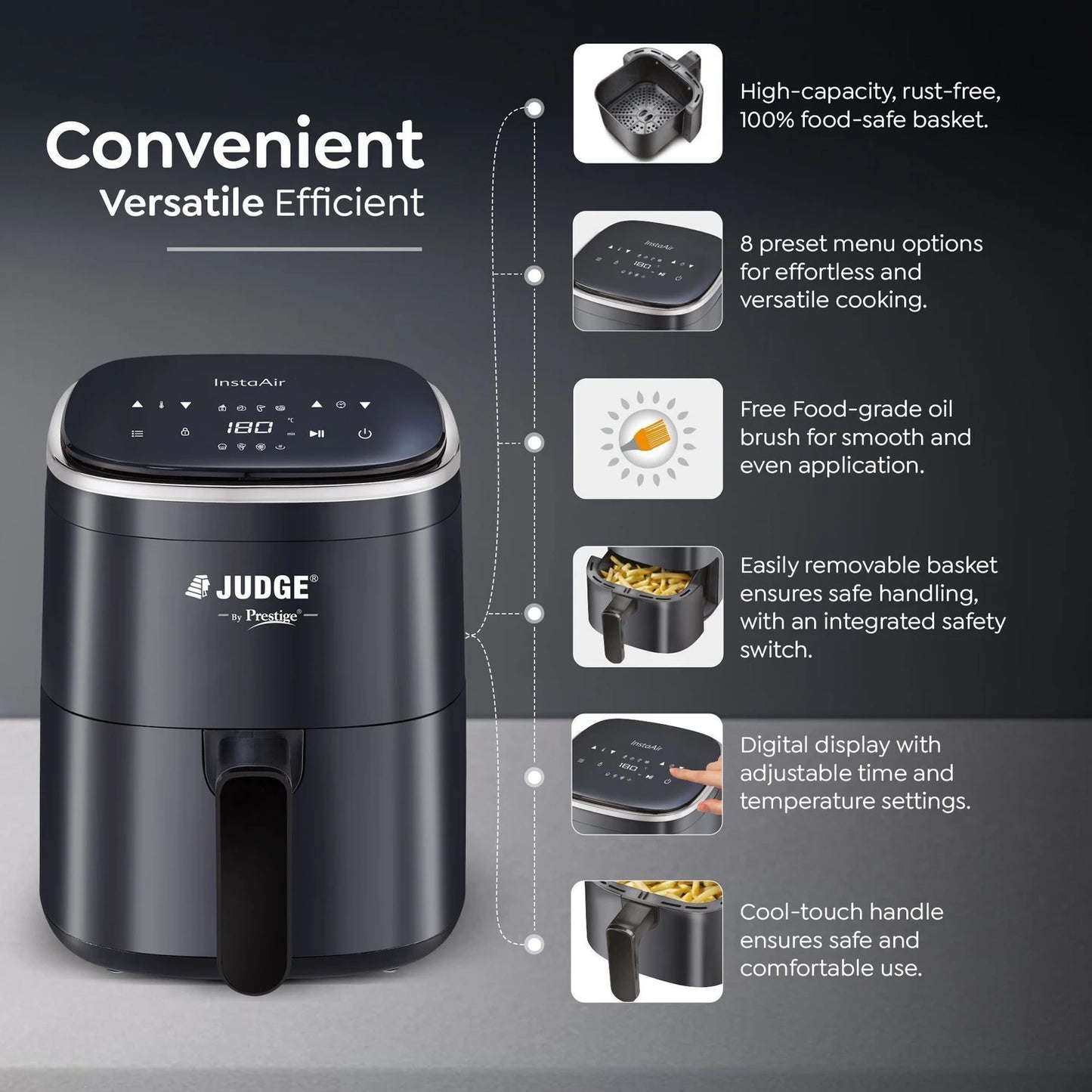 Judge by Prestige InstaAir Digital Air Fryer| 4.0L Capacity| 1200 Watts| Air Fry, Grill, Roast, Bake | Digital Display with 8 Preset Menu| Black 1.0 Piece
