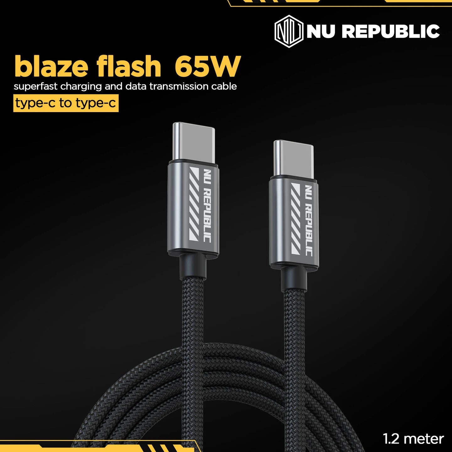 Nu Republic Blaze Flash Fast Charging 1.25 m Type C To Type CCharging Cable, 65 Watts 480 Mbps (Grey) 1.0 unit