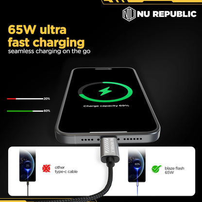 Nu Republic Blaze Flash Fast Charging 1.25 m Type C To Type CCharging Cable, 65 Watts 480 Mbps (Grey) 1.0 unit
