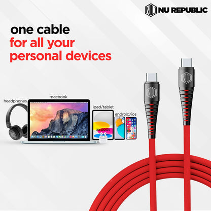 Nu Republic Blaze Supersonic Fast Charging 1 m Type C To Type C Charging Cable, 65 Watts 480 Mbps (Red) 1.0 unit
