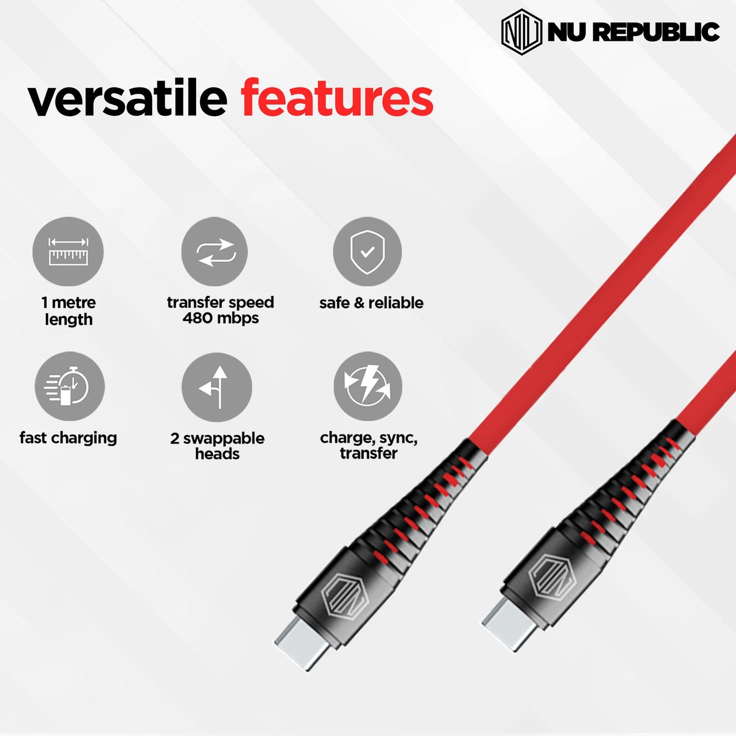 Nu Republic Blaze Supersonic Fast Charging 1 m Type C To Type C Charging Cable, 65 Watts 480 Mbps (Red) 1.0 unit